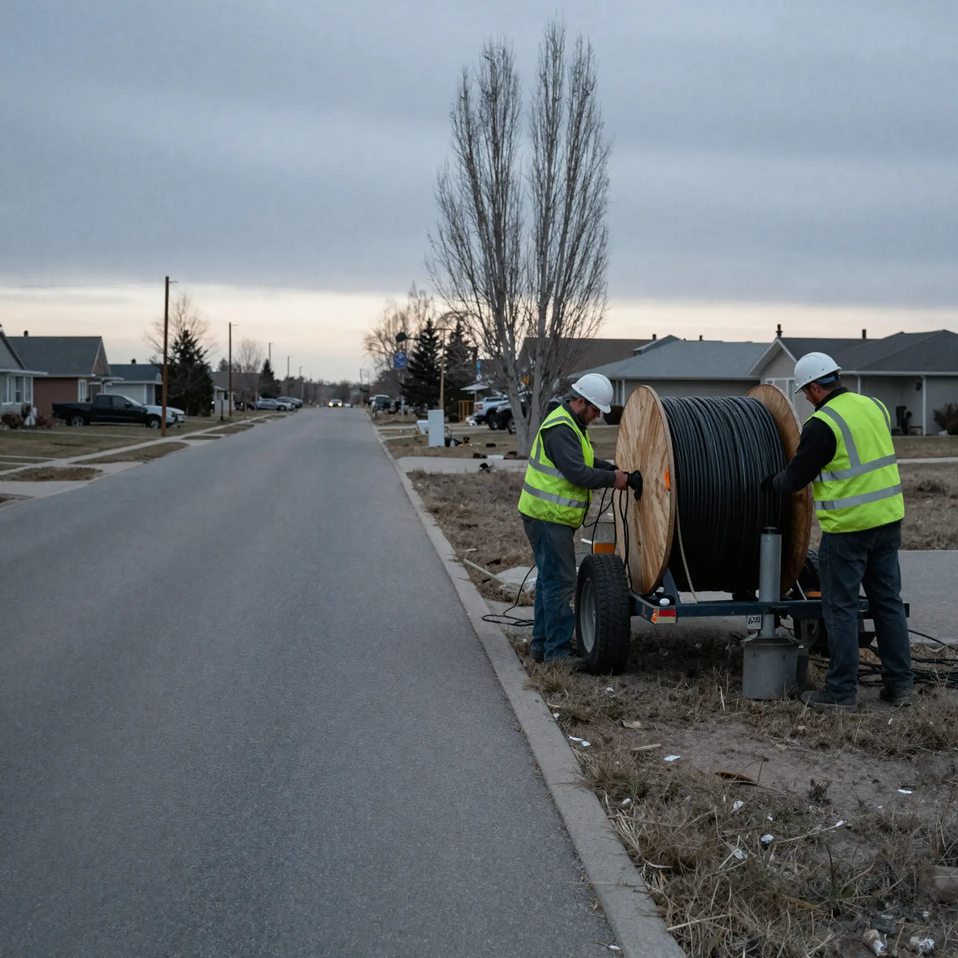 Two crew members feeding cable from a reel trailer on a residential street.