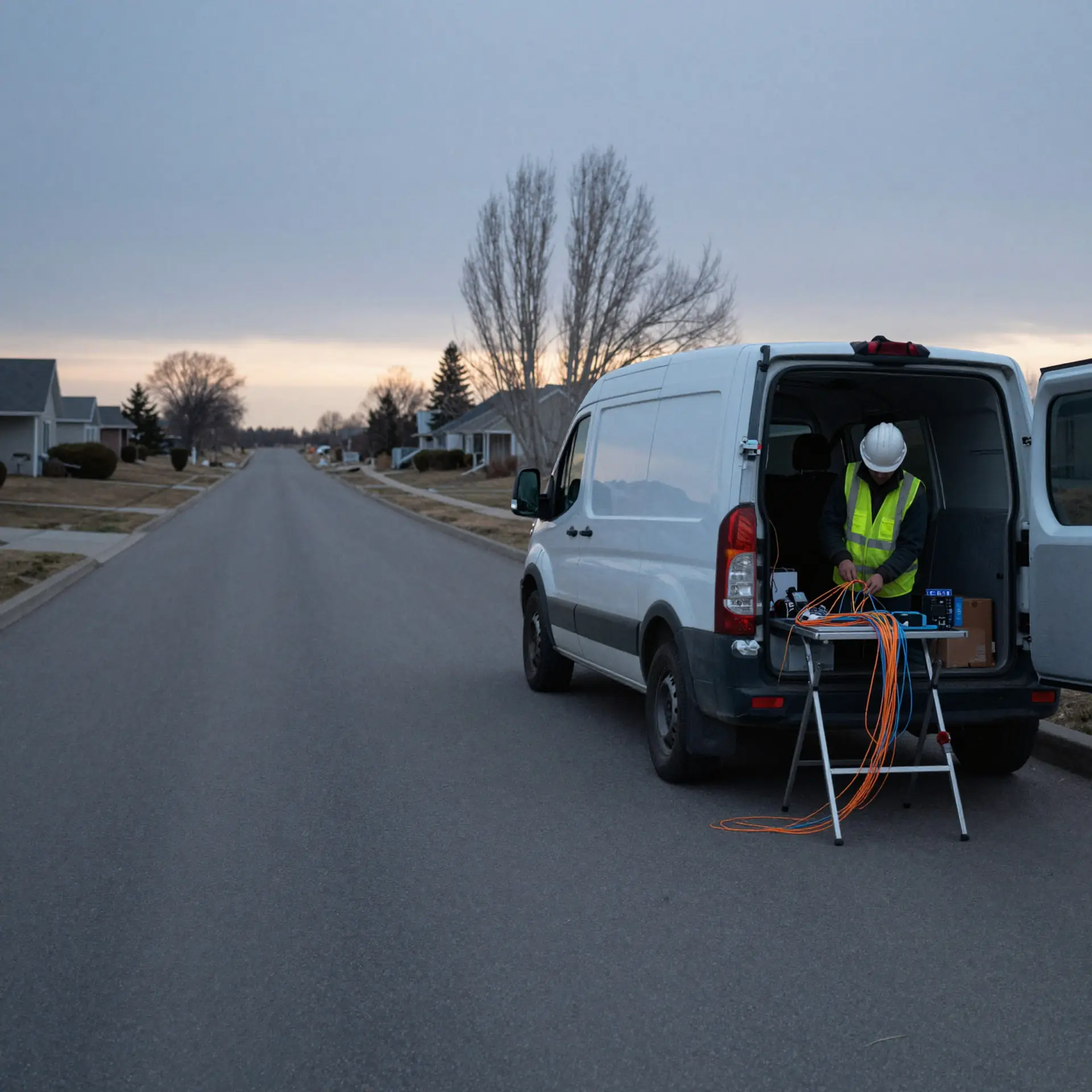 A SKATEL technician splicing fibre at the back of a van on a residential street at dusk.