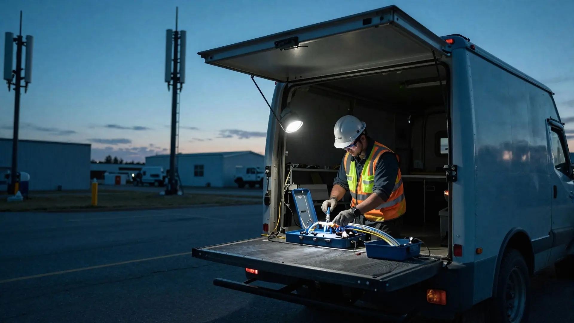 A SKATEL splicer working from the open back of a service van at dusk, beside a cell tower compound.