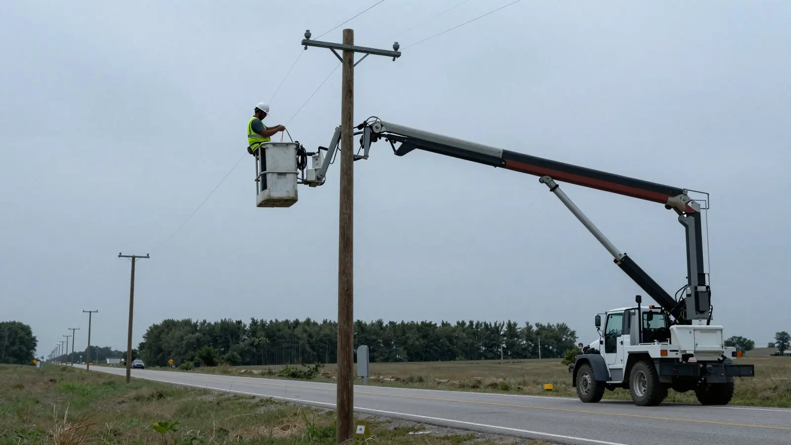 An aerial lift crew lashing cable to a utility pole.