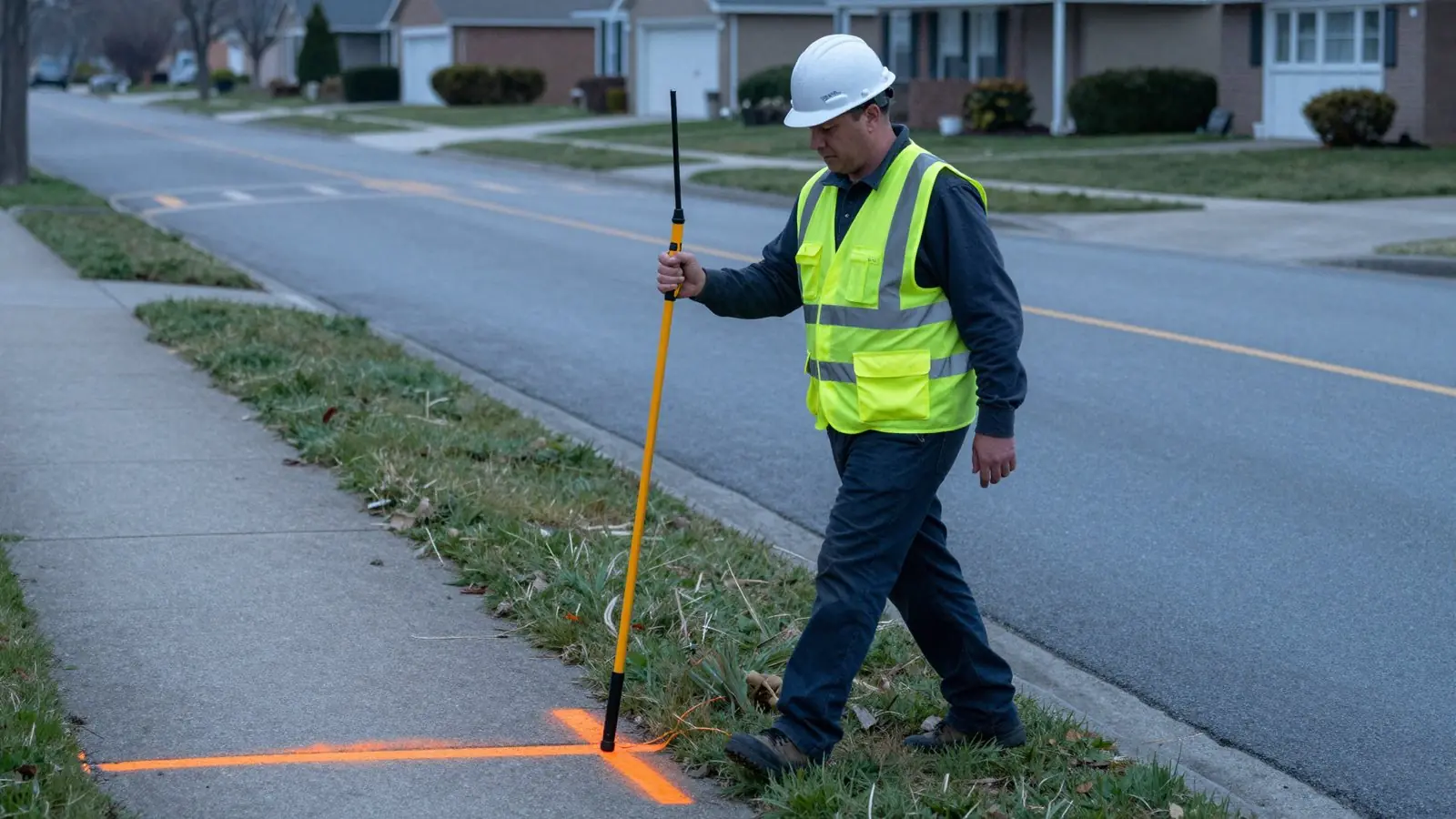 A locate technician sweeping a boulevard with a locator wand.