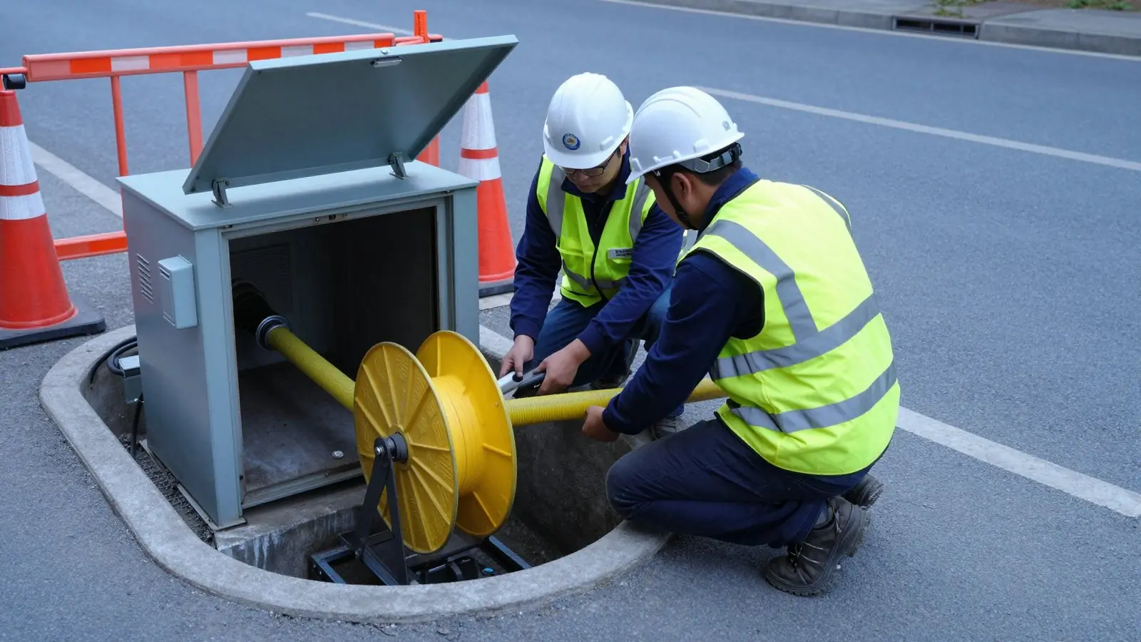 Two technicians roping duct from an open vault at the roadside.