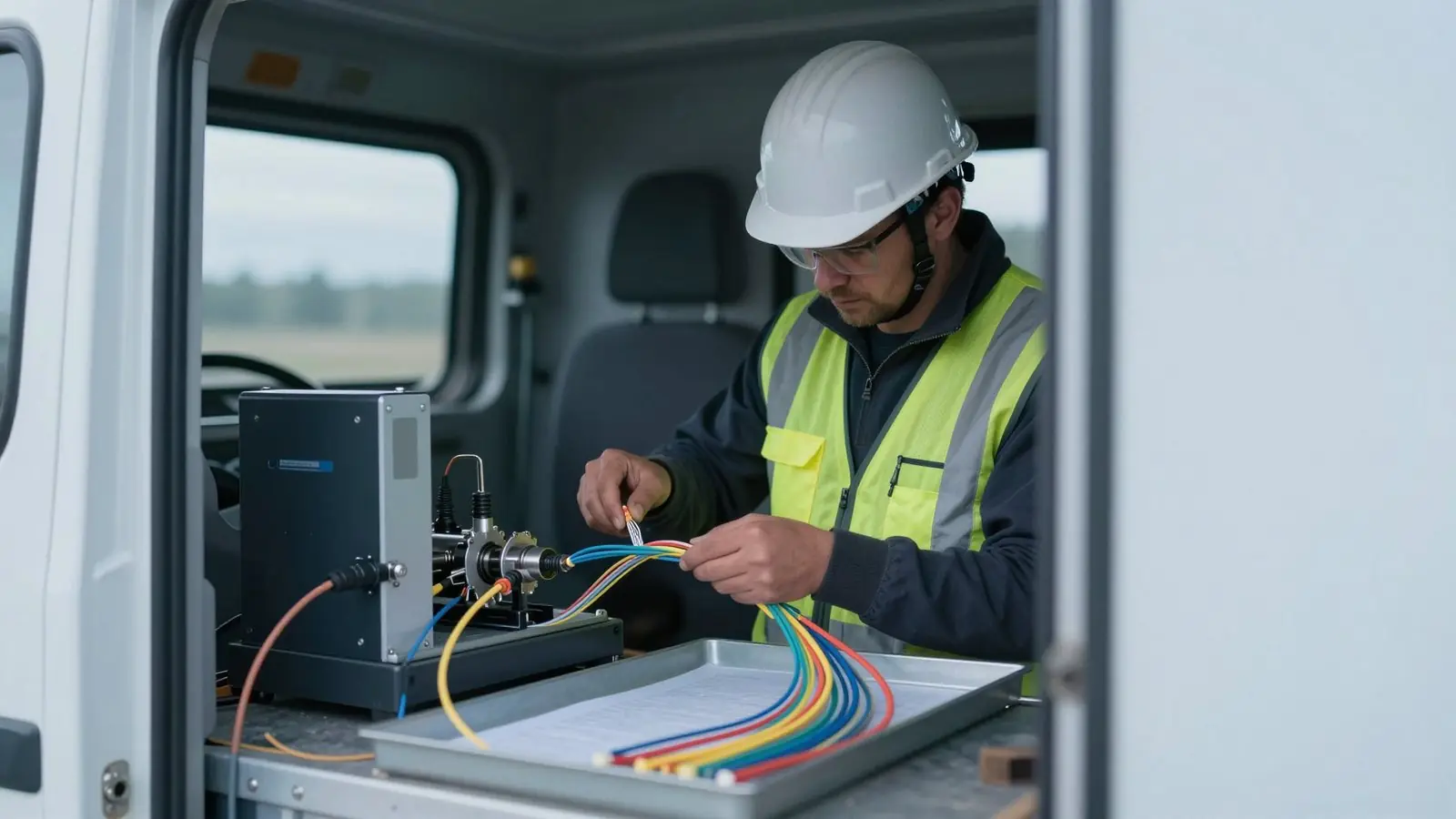 A splicer working a fibre tray inside a splicing van.
