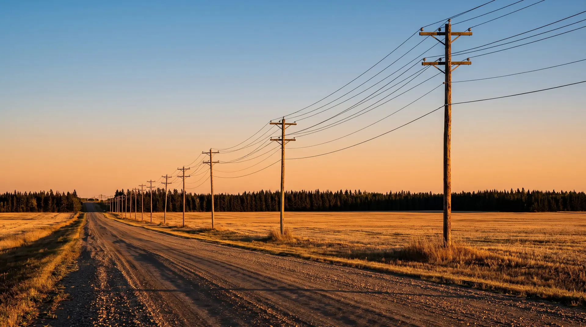 A gravel road running past a line of utility poles at sunset.
